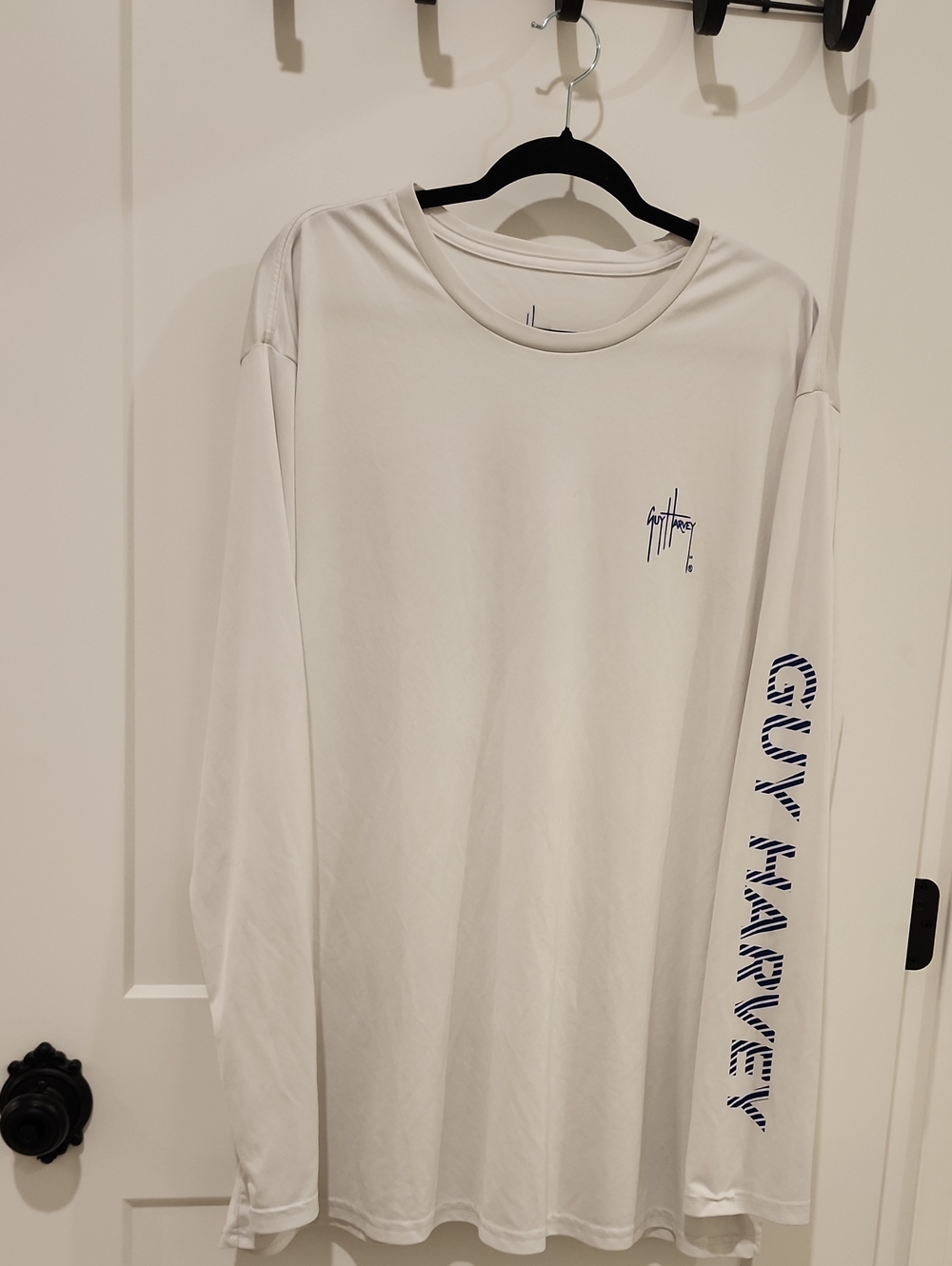 Guy Harvey White Long-Sleeve Performance Tee with Navy Logo